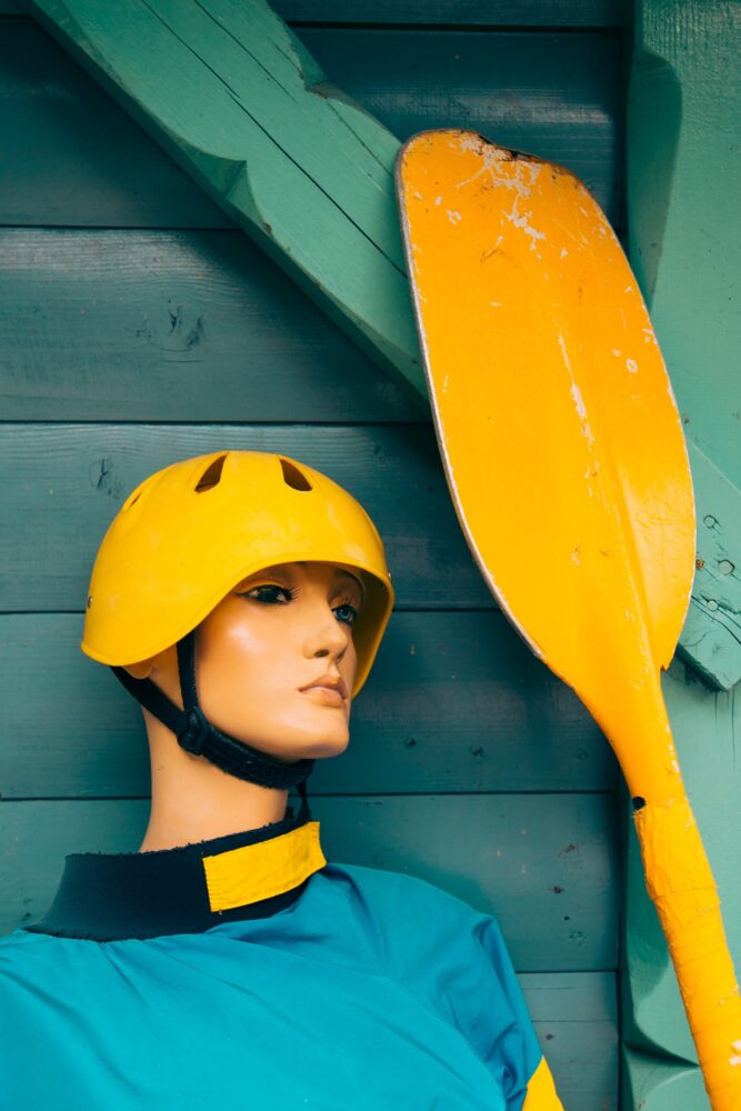 Mannequin with kayaking equipment